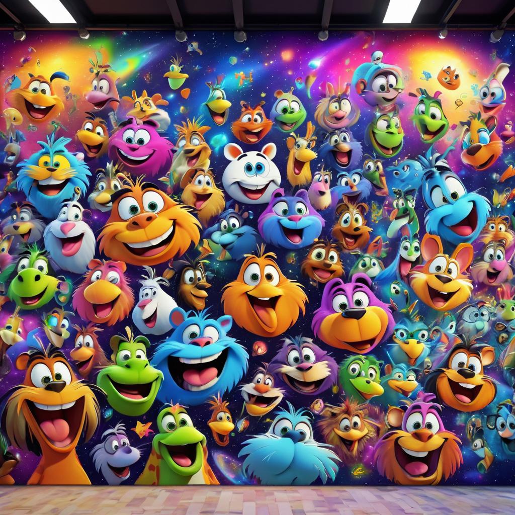 Colorful Cartoon Animals on a Galaxy Wall