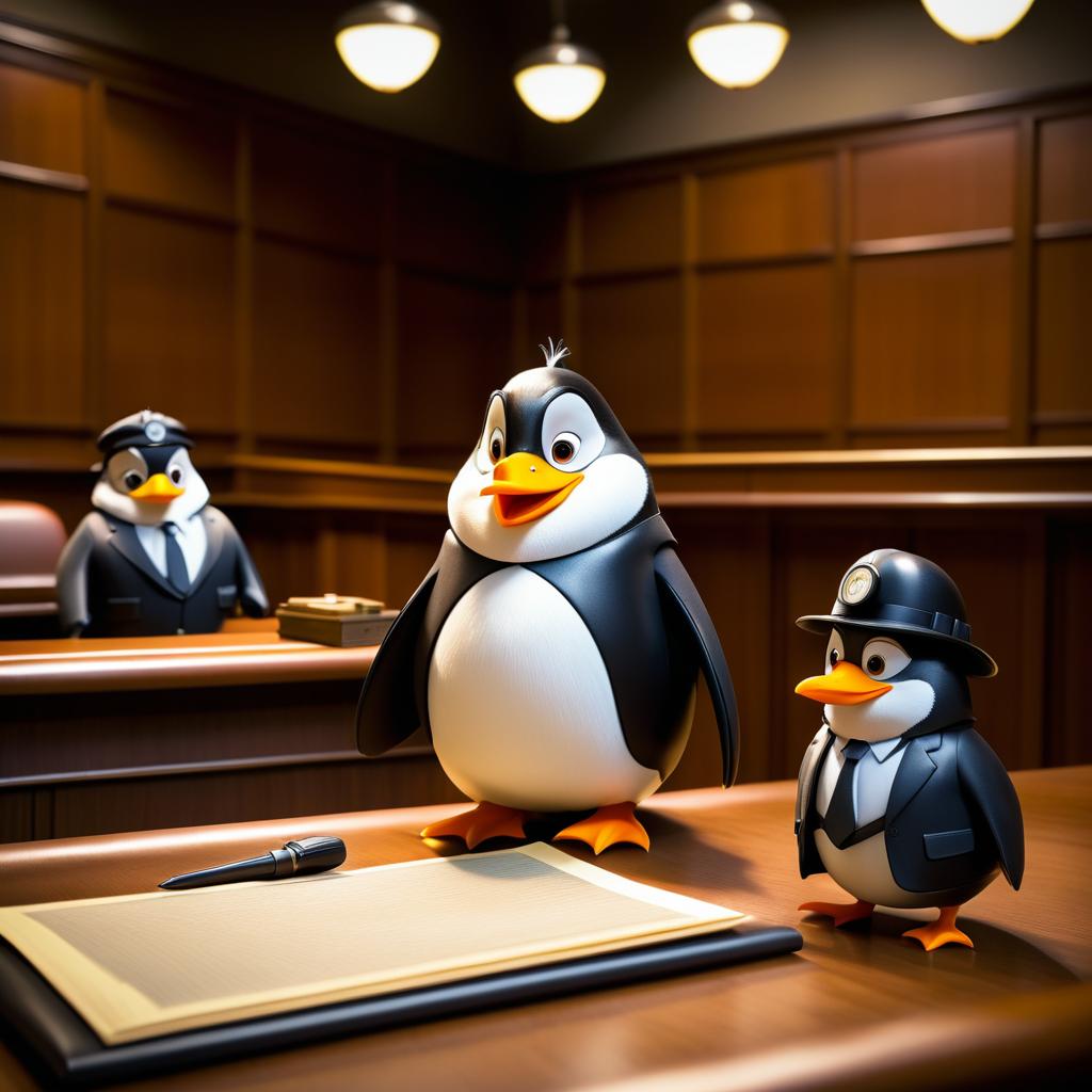 Animated Penguin Detective in Courtroom Chaos