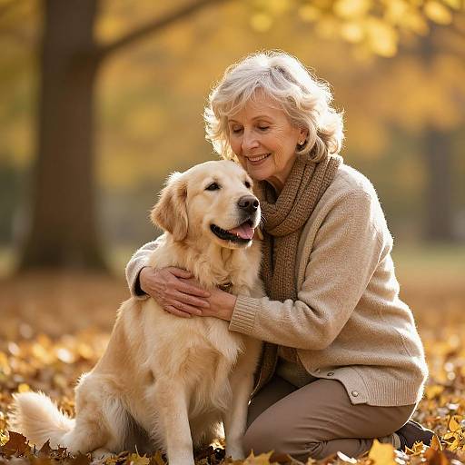 Senior Woman with Loyal Dog in Autumn
