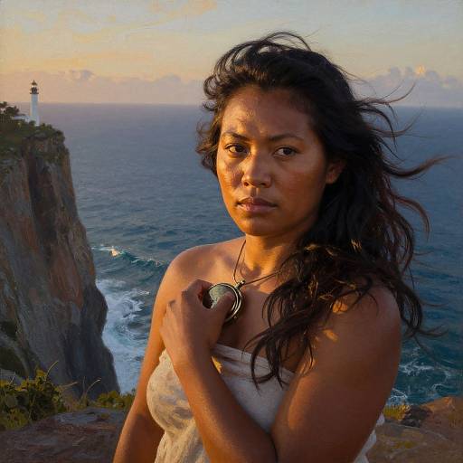 Photograph of a serious, dark-haired woman with sun-kissed skin, wearing a white strapless top, holding a heart-shaped pendant, standing