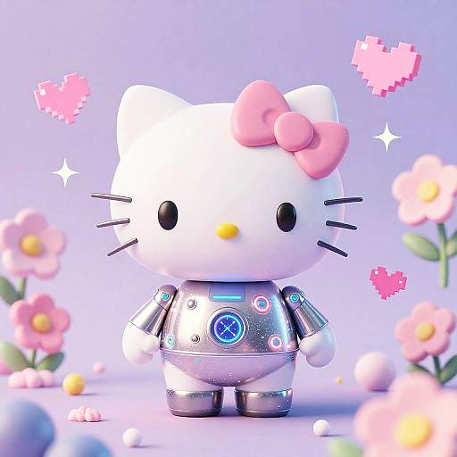 CGI image of Hello Kitty in a silver robotic outfit, with a pink bow, surrounded by pink flowers and heart shapes.