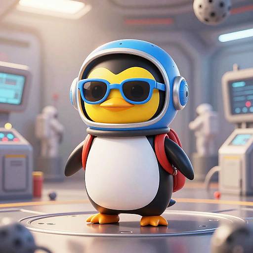 Energetic Penguin Astronaut in Moon Base