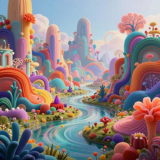 Vibrant digital artwork of a surreal landscape with swirling, colorful hills, winding blue river, and whimsical, oversized flowers and mushrooms.