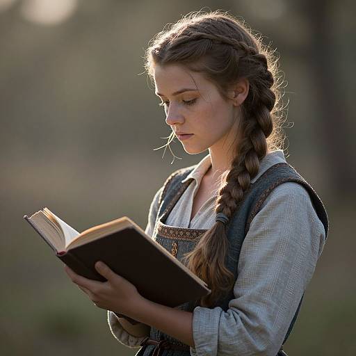 Photograph of a young woman with braided brown hair, wearing a light gray shirt and dark blue pinafore, reading an open book in a
