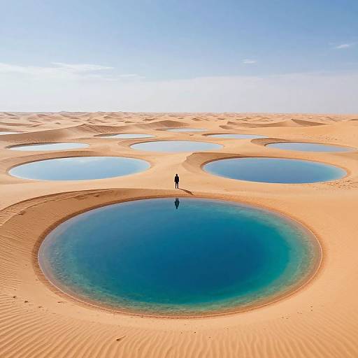 Photograph of a solitary figure standing in a large, circular, blue waterhole in a vast, sandy desert with multiple circular waterholes under a clear