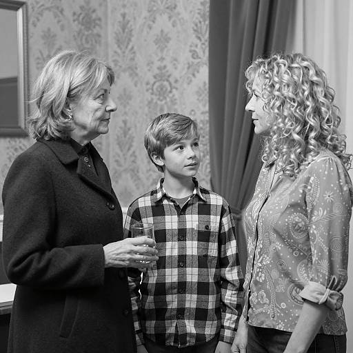 Black and white portrait of three people indoors