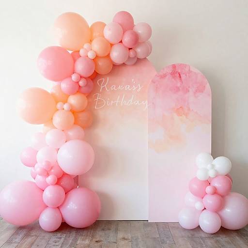 Photograph of a pastel pink and white balloon arch with 