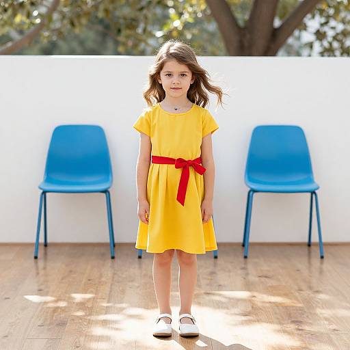 Photograph of a young girl with wavy brown hair, wearing a yellow dress with red belt, white shoes, standing between two blue chairs, on