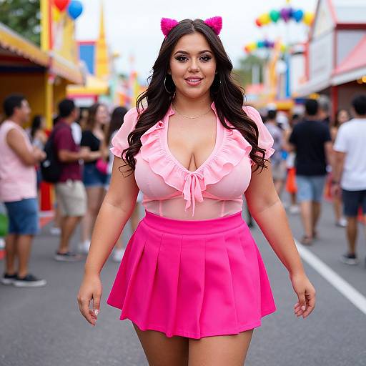 Photograph of a curvy Latina woman with long black hair, pink bow, pink ruffled top, and bright pink skirt, walking on a busy