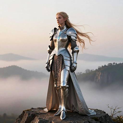 Digital artwork of a blonde woman in silver armor with a long cape, standing on a rocky cliff, overlooking a misty mountain landscape at sunrise.