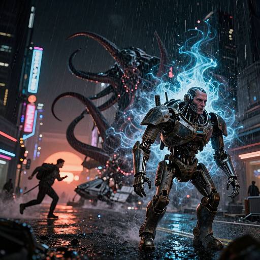 Digital artwork of a muscular, armored warrior with electric blue energy aura, standing in a rain-soaked, neon-lit city street, with a dark