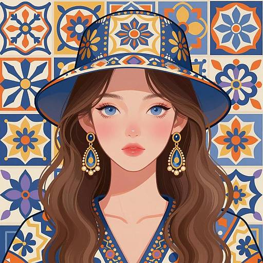 Digital Illustration of Woman with Patterned Hat and Clothing