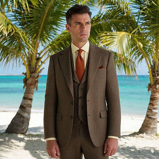 Photograph of a serious-looking man in a brown checkered suit with a red tie, standing in front of tropical palm trees and a clear blue ocean