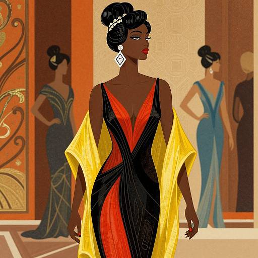 Digital illustration of a dark-skinned woman in a bold red and black dress with a yellow shawl, standing in an elegant, ornate room with