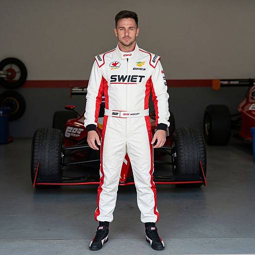 Photograph of a male race car driver in white and red racing suit, standing in front of a red and black race car in a garage.