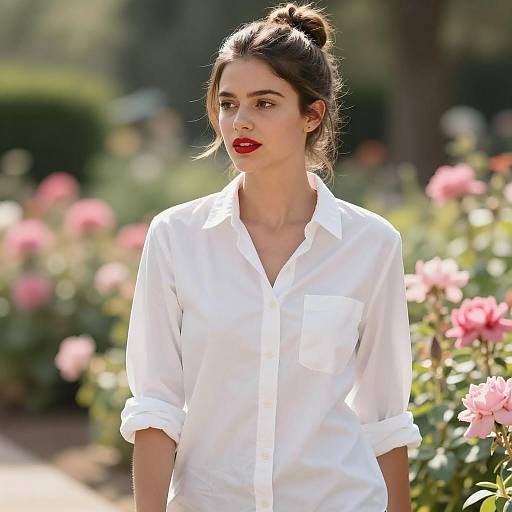 Young Woman in White Shirt in Flower Garden