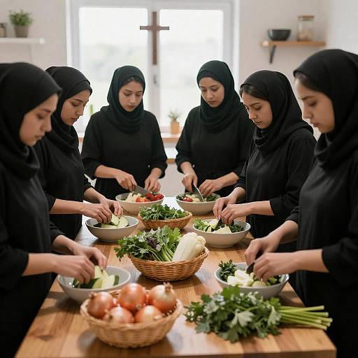 Women in Headscarves Preparing Food Together