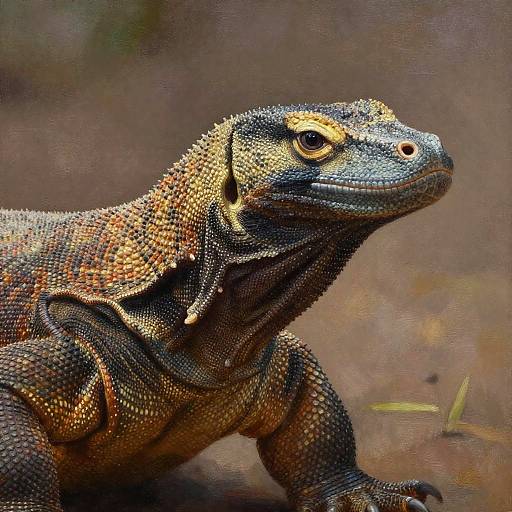 Close-up photograph of a textured, orange-brown, and black iguana with detailed, scaly skin, set against a blurred brown background.