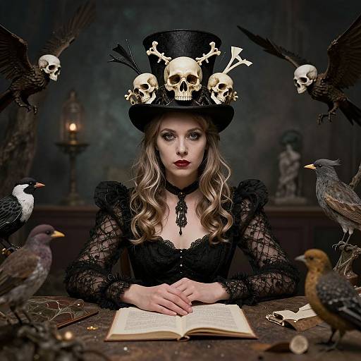Photograph of a pale-skinned woman with long blonde hair, wearing a black lace dress and skull-adorned top hat, surrounded by black rav
