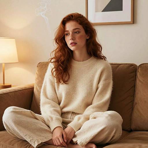 Gentle Auburn-Haired Woman on Cozy Couch
