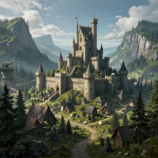 Photorealistic digital rendering of a majestic, medieval stone castle with multiple towers, surrounded by lush green hills, forests, and rocky mountains under a bright