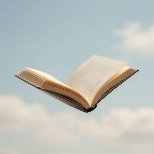 Photograph of an open book floating against a clear blue sky with soft white clouds, creating a dreamy, ethereal effect.