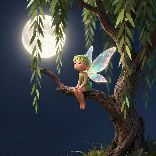 Whimsical Pixie on Willow Branch at Night