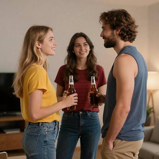 Young Adults Socializing with Beer Bottles Indoors