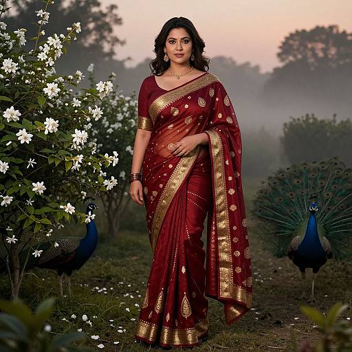 Photograph of an Indian woman in a red and gold saree, standing in a misty garden with peacocks, surrounded by white flowers at