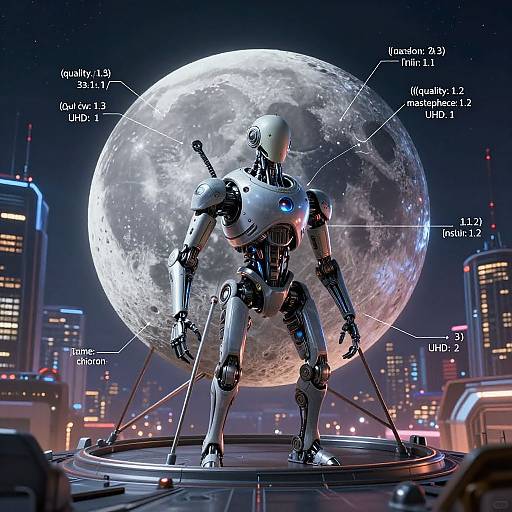 Digital art: metallic robot with glowing blue eye stands on a platform against a large moon, surrounded by a futuristic cityscape at night. Detailed annotations highlight