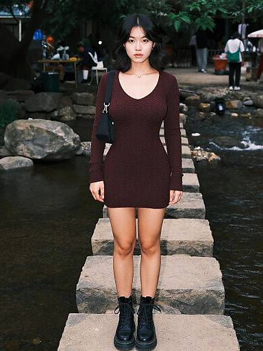 Photograph of an Asian woman with black hair, wearing a black long-sleeve mini dress and black ankle boots, standing on a stone path over
