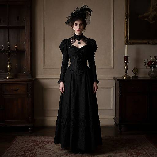 Photograph of a pale-skinned woman in a Victorian-style black lace dress with puffed sleeves, black feathered hat, standing in a dimly