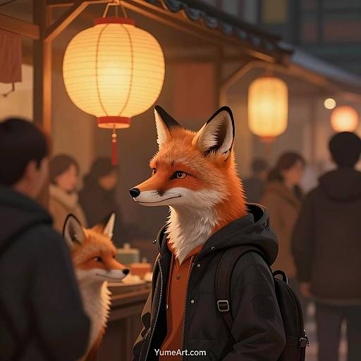 Vibrant Indoor Market with Fox Characters