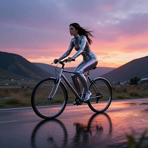 Photograph of a woman in shiny silver bodysuit riding a bicycle at sunset, with colorful sky, mountains, and wet road reflecting light.