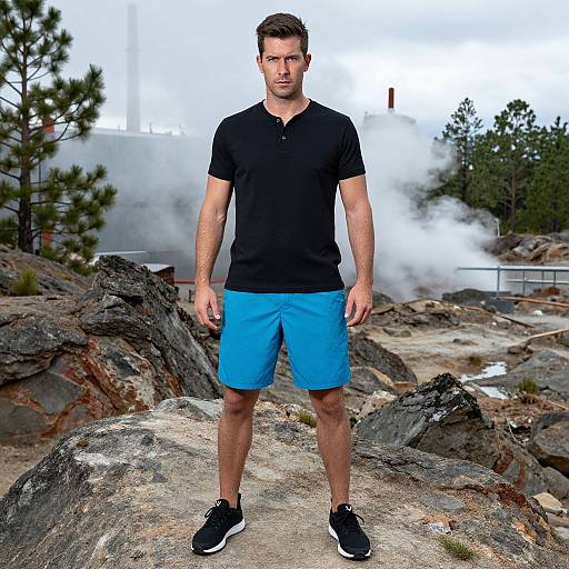 Photograph of a muscular man in a black polo and blue shorts standing on rocky terrain with smoke in the background.