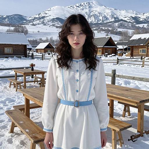 Photograph of a young woman with long black hair, wearing a white dress with blue trim and belt, standing in a snowy mountain village with wooden cabins