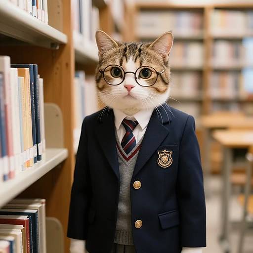 Photograph of a tabby cat with round glasses, wearing a navy school blazer, white shirt, and striped tie, standing in a library.