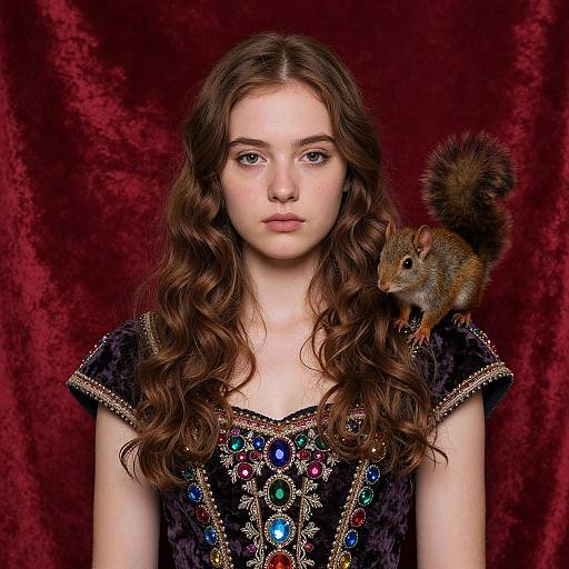 Photograph of a young woman with long wavy brown hair, wearing an ornate black velvet dress with colorful gemstones, against a red velvet backdrop