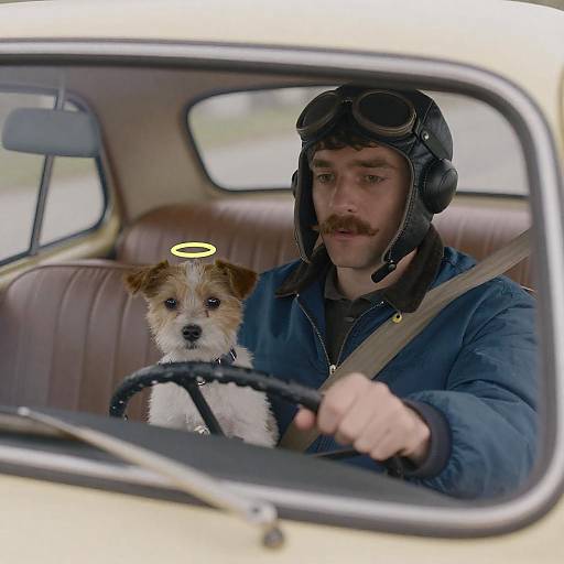 Vintage Car Ride with Mustached Man and Dog