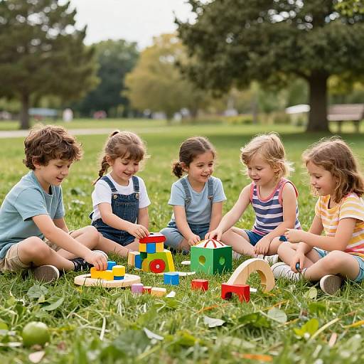Photograph of five children, three boys and two girls, sitting on grass in a park, playing with colorful wooden toys, smiling and laughing.