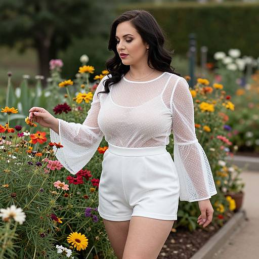 Photograph of a curvy brunette woman with fair skin, wearing a sheer white long-sleeve top and high-waisted white shorts, adm