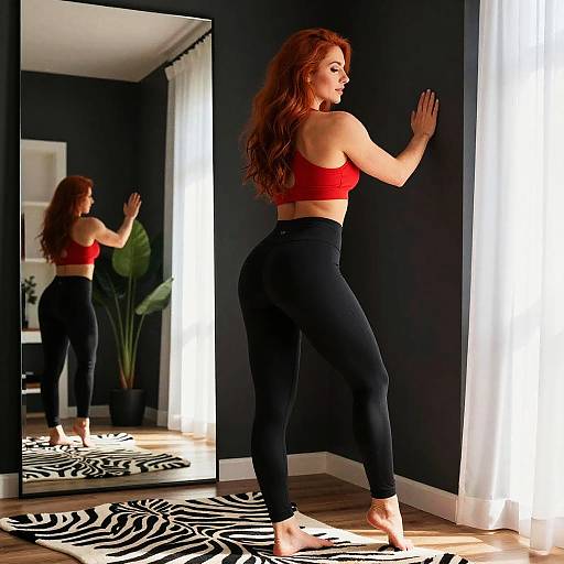 Photograph of a red-haired woman in a red sports bra and black leggings, standing barefoot on zebra rug, touching dark wall, reflected in