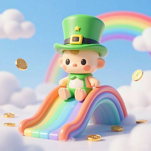 Cute cartoon baby in green outfit and hat, sitting on rainbow slide, surrounded by coins, with rainbow and clouds in blue sky.