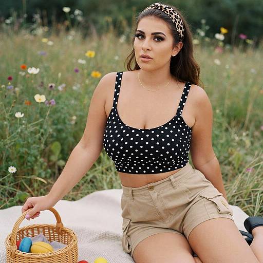 Photograph of a young woman with medium skin tone, brown hair in a leopard print headband, wearing a black polka dot crop top and beige
