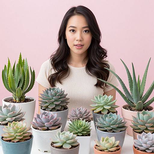 Asian Woman with Succulent Plants