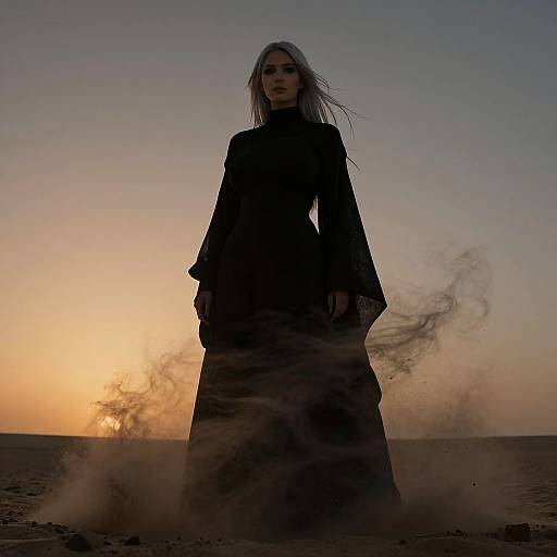 Silhouetted woman in long, dark dress stands against a sunset sky, with swirling sand and dramatic clouds, in a desolate landscape. Photograph