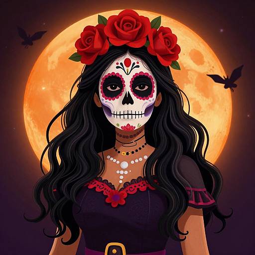 Digital art of a Day of the Dead woman with black hair, red flower crown, white skull face, black dress, orange full moon, and black
