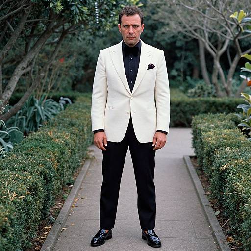 Photograph of a serious man in a white suit, black shirt, and black pants, standing on a garden path with lush greenery in the background