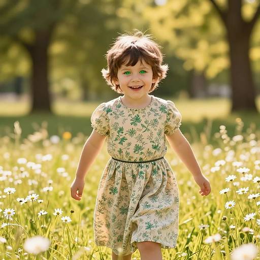 Photograph of a smiling young girl with green eyes, brown hair, wearing a floral dress, walking through a sunlit field of white daisies
