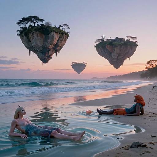 Digital art of a beach at sunset with two floating islands. A blonde woman with small horns and a topless orange-haired man relax in the shallow water